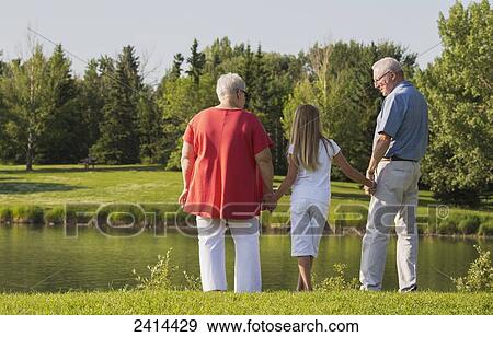 Stock Photo - Young girl spending quality time with her grandparents in a park; Edmonton, Alberta, Canada. Fotosearch