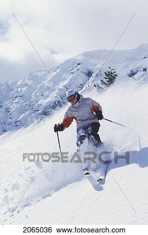 Stock Photograph - Young Woman Skiing Fresh Powder At Fernie Alpine Resort, Fernie, British Columbia, Canada.. Fotosearch