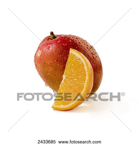 A slice of orange beside a mango covered in water droplets View Large Photo Image Stock Photography - A slice of orange beside a mango covered in water droplets. Fotosearch