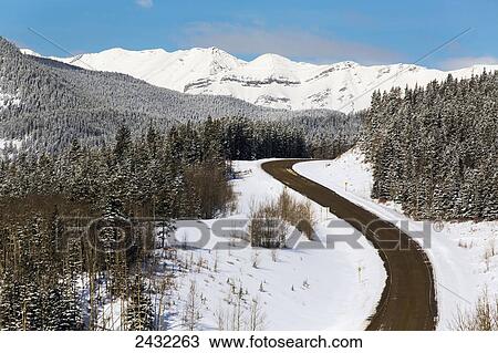 A windy hilly road in the winter with snow covered hills, trees and mountains with blue sky; Alberta, Canada View Large Photo Image Stock Image - A windy hilly road in the winter with snow covered hills, trees and mountains with blue sky; Alberta, Canada. Fotosearch