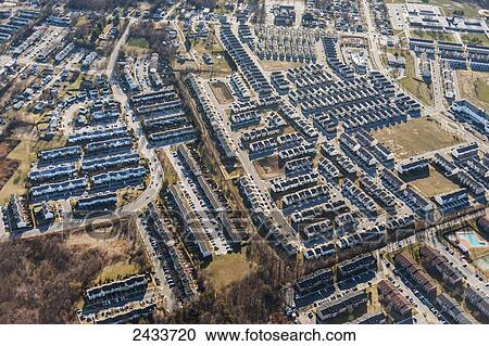 Stock Image - Aerial view of suburban area in Baltimore County; Harford, Maryland, United States of America. Fotosearch