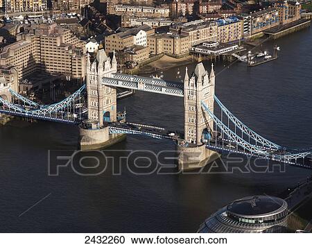 Stock Image - Aerial view of Tower Bridge; London, England. Fotosearch