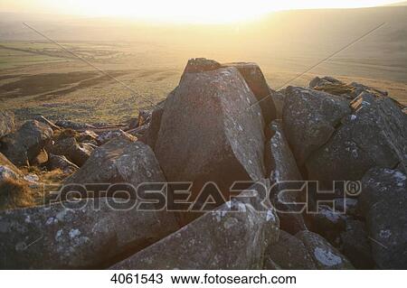 Stock Image - Atop the Preseli mountains at Carn Meini, origin of the blue stones at Stonehenge; Pembrokeshire, Wales. Fotosearch