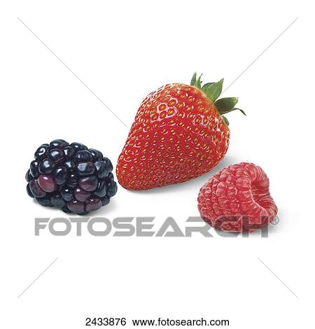 Stock Photograph - Blackberry, strawberry and raspberry on white background. Fotosearch