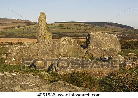 Stock Photograph - Blue stone pillar in a field near village of Mynachlog-ddu; Pembrokeshire, Wales. Fotosearch