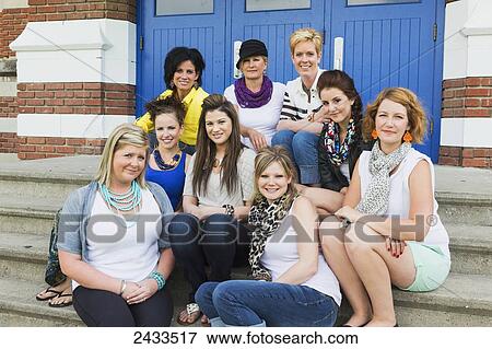 Bridesmaids and mothers at stagette posing on school steps; Edmonton, Alberta, Canada View Large Photo Image Stock Photo - Bridesmaids and mothers at stagette posing on school steps; Edmonton, Alberta, Canada. Fotosearch