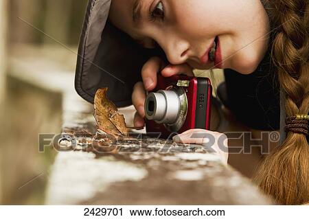 Stock Image - Close up of a young girl taking picture of Ruddy Daggerwing (Marpesia petreus) butterfly, which has wings camouflaged to look like leaf; Florida, United States of America. Fotosearch