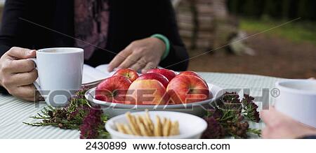 Stock Photo - Enjoying a cup of coffee and snack while reading at a table; Abbotsford, British Columbia, Canada. Fotosearch