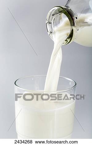 Stock Photo - Glass bottle of milk being poured into glass with white background; Calgary, Alberta, Canada. Fotosearch
