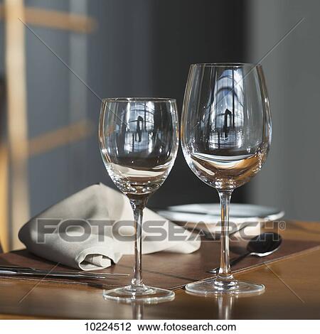 Stock Image - Glass stemware on a table; Santa Cruz province, Argentina. Fotosearch