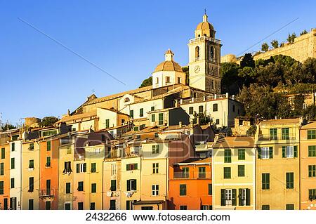 Golden buildings at sunrise; Porto Venere, Liguria, Italy View Large Photo Image Stock Photograph - Golden buildings at sunrise; Porto Venere, Liguria, Italy. Fotosearch