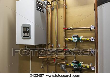 Stock Photo - Hot water heating system in custom built luxury estate home; Edmonton, Alberta, Canada. Fotosearch