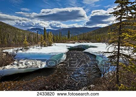 Stock Image - Monument Creek meanders through melting snow in early spring, Chena River State Recreation Area; Fairbanks, Alaska, United States of America. Fotosearch