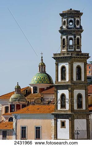Stock Photograph - Ornate buildings on the Amalfi coast; Atrani, Campania, Italy. Fotosearch