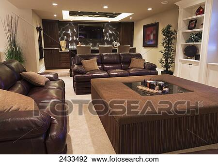 Stock Image - Recreation room in luxurious custom built estate home; Edmonton, Alberta, Canada. Fotosearch