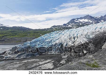 Stock Photograph - Shoup glacier in front of the Chugach mountains, Shoup Bay State Marine Park, Prince William Sound; Valdez, Alaska, United States of America. Fotosearch