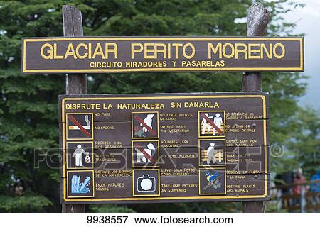 Stock Photo - Sign at Moreno Glacier, Los Glaciares National Park; Santa Cruz province, Argentina. Fotosearch