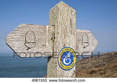 Stock Image - Signpost near Strumble Head on Pembrokeshire Coast Path; Pembrokeshire, Wales. Fotosearch