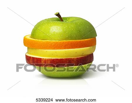 Picture - Slices of red and green apple stacked in the shape of an apple. Fotosearch