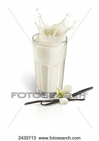 Stock Image - Splashing glass of milk with vanilla flower and bean. Fotosearch