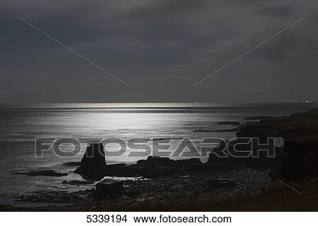 Picture - Sunlight reflects on the tranquil water at dusk with a silhouetted shoreline; South Shields, Tyne and Wear, England. Fotosearch