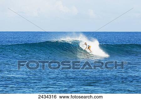 Surfer riding perfect waves in the South Pacific; Tahiti, French Polynesia View Large Photo Image Stock Photograph - Surfer riding perfect waves in the South Pacific; Tahiti, French Polynesia. Fotosearch