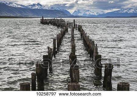 Wood pilings leading out into the water; Natales, Magallanes and Antartica Chilena Region, Chile View Large Photo Image Stock Photo - Wood pilings leading out into the water; Natales, Magallanes and Antartica Chilena Region, Chile. Fotosearch