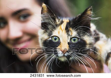 Stock Image - Young woman holding her cat; Sherwood Park, Alberta, Canada. Fotosearch