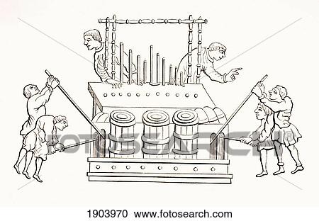 Stock Image - 12Th Century Bellows Organ With Two Keyboards. From Les Artes Au Moyen Age, Published Paris 1873.. Fotosearch