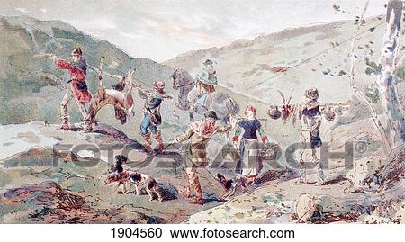 Stock Image - 13Th Century Hunting Party With Porters. After A Watercolour By A. Heins. From Cortege Historique Des Moyens De Transport. Published Brussels, 1886.. Fotosearch