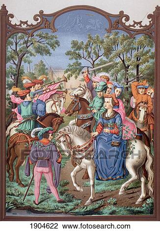 Stock Image - 15Th Century Chateau Life: Starting Out On A Promenade. The Lady Is Riding With Her Page On Foot. Her Husband Dressed In Green Is Beside Her. From Military And Religious Life In The Middle Ages By Paul Lacroix Published London Circa 1880.. Fotosearch