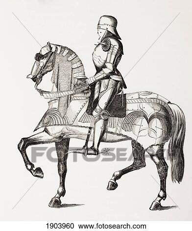 Stock Image - 15Th Century Knight In Full Armour Mounted On Horse Clad In Armour. From Les Artes Au Moyen Age, Published Paris 1873.. Fotosearch