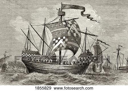 Stock Photo - 15Th Century Warship. From The National And Domestic History Of England By William Aubrey Published London Circa 1890. Fotosearch