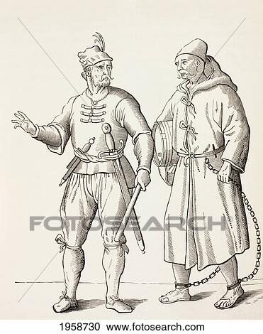 Stock Image - 16Th Century Galley Solder With A Galley Slave. From Military And Religious Life In The Middle Ages By Paul Lacroix Published London Circa 1880.. Fotosearch