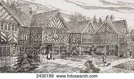 Stock Photo - 16th century Kenyon Peel Hall, near Tyldesley, Manchester, England. From a contemporary print.. Fotosearch