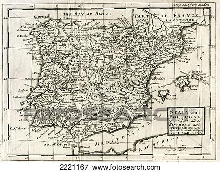 Stock Photo - 1731 Map Of Spain And Portugal By Herman Moll.. Fotosearch