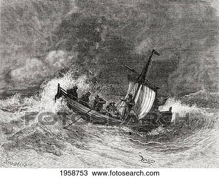 Stock Image - 19Th Century Fishing Boat In Stormy Weather. From El Mundo En La Mano, Published 1878.. Fotosearch