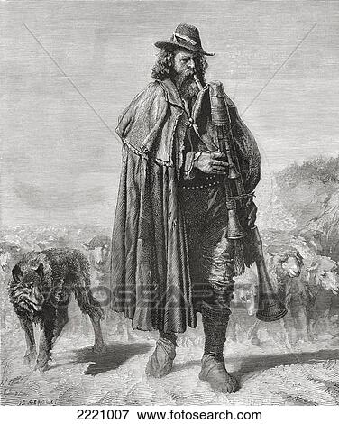 Stock Photo - 19Th Century Italian Shepherd With His Dog And Sheep Playing Bagpipes. From Italian Pictures Published 1895.. Fotosearch