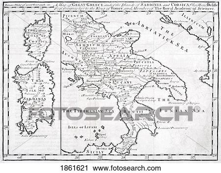 Stock Image - 19Th Century Map Of Great Greece And Of The Islands Of Sardina And Corsica By Guillaume Delisle 1675 To 1726. Fotosearch