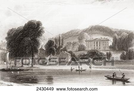 Stock Photo - 19th century view of Beaumont Lodge, Old Windsor, Berkshire, England. Sold in 1854 to the Society of Jesus and renamed Beaumont College, a Jesuit public school. From Churton's Portrait and Lanscape Gallery, published 1836.. Fotosearch