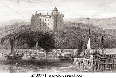 Stock Image - 19th century view of Dunrobin Castle, Sutherland, Scotland. From Churton's Portrait and Lanscape Gallery, published 1836.. Fotosearch