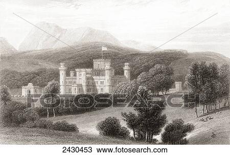 Stock Image - 19th century view of Eastnor Castle, near Ledbury, Herefordshire, England. From Churton's Portrait and Lanscape Gallery, published 1836.. Fotosearch
