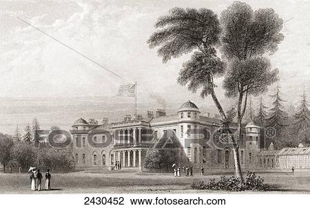 Stock Image - 19th century view of Goodwood House, West Sussex, southern England. From Churton's Portrait and Lanscape Gallery, published 1836.. Fotosearch