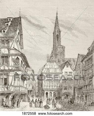 Stock Photo - 19Th Century View Of Old Houses In Strasbourg, France. From A 19Th Century Illustration.. Fotosearch