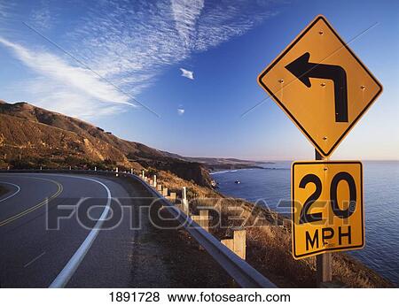 Stock Photo - 20Mph Road Sign On Corner Of Route 1 At Big Sur. Fotosearch