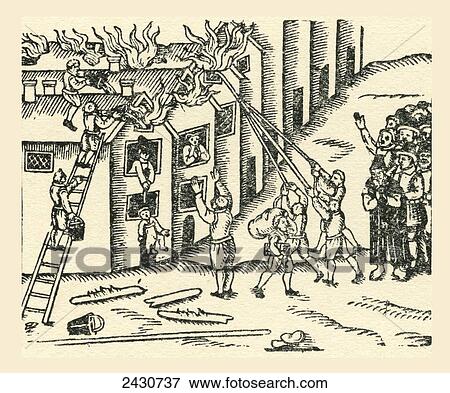 Stock Photo - A 16th century fire brigade at work. From a contemporary print.. Fotosearch