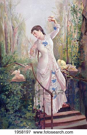 Stock Photo - A 19Th Century Woman In A Garden With Turtledoves. After The Painting La T. Fotosearch