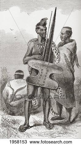 Stock Image - A Bechuana Warrior In The 19Th Century. From Africa By Keith Johnston, Published 1884.. Fotosearch