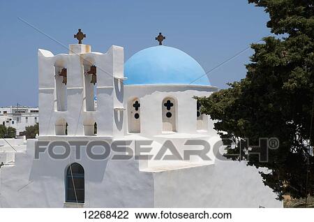 Stock Image - A blue domed church; Pano Petali, Sifnos, Cyclades, Greek Islands, Greece. Fotosearch