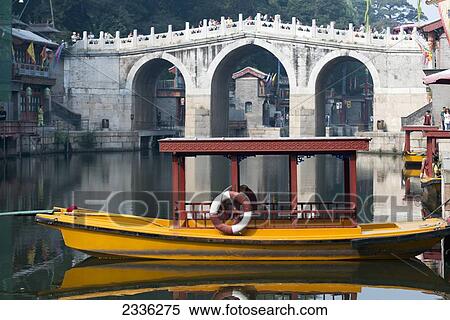 Stock Photography - A Boat Sitting In Tranquil Water At The Shoreline; Beijing, China. Fotosearch